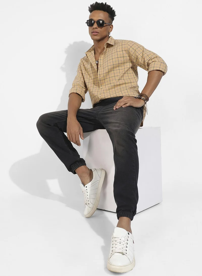 كامبوس سوترا Men's Beige Contrast Tartan Plaid Shirt