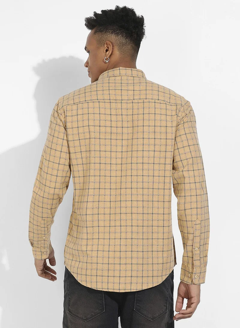 كامبوس سوترا Men's Beige Contrast Tartan Plaid Shirt