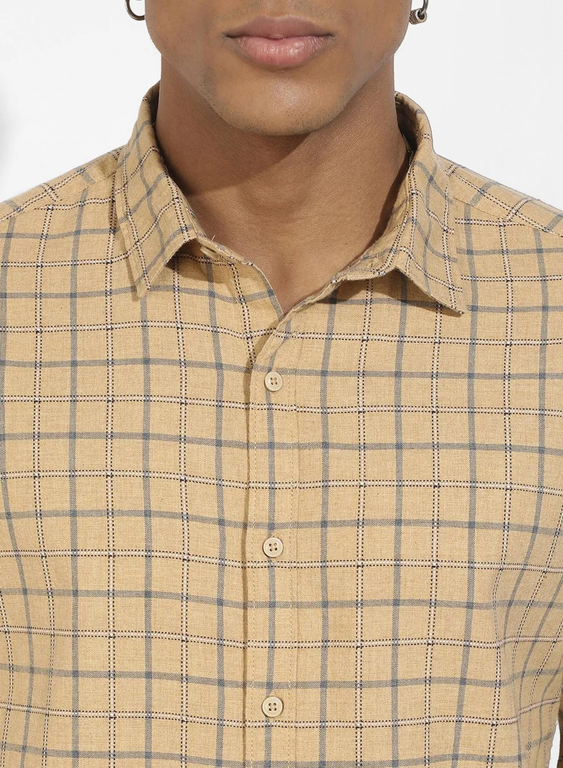 كامبوس سوترا Men's Beige Contrast Tartan Plaid Shirt