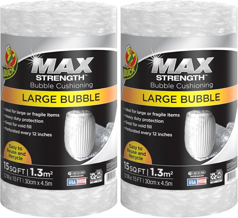 Duck Brand Large Bubble Wrap Roll, 5/16" Bubble Cushioning Wrap for Extra Protection Packing, Shipping, and Moving, Perforated Every 12", 12" x 15' (1304499) (Pack of 2) - Image 1