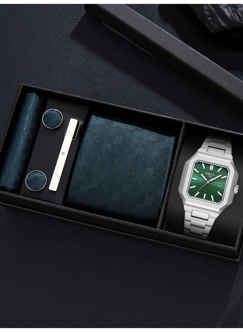 Men's Business Style Alloy Green Watch Set, Paired with Exquisite Quality Tie, Elite Match Selection, Suitable as a Holiday Birthday Gift for Fathers, Partners, Brothers, and Friends - Image 1