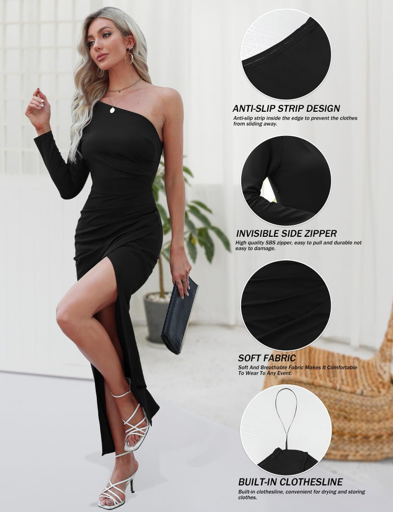 Sarin Mathews Womens One Shoulder Long Sleeve Cocktail Dresses Sexy Bodycon Ruched Wrap Split Party Formal Long Dress Black M - Image 4