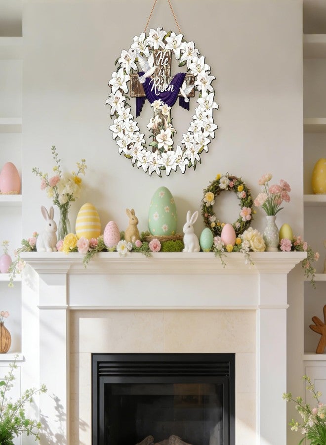 SNILOAW He is Risen Door Wreath with Cross Lily Wreath Easter Front Door Sign Religious Easter Wreaths Decor for Church Holy Week Christian Decorations - Image 5