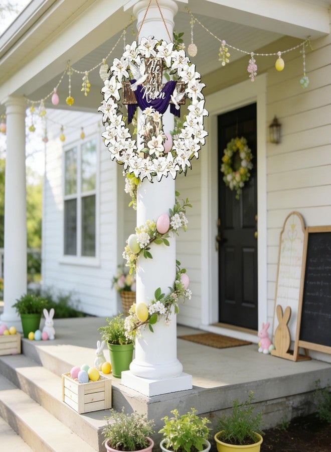 SNILOAW He is Risen Door Wreath with Cross Lily Wreath Easter Front Door Sign Religious Easter Wreaths Decor for Church Holy Week Christian Decorations - Image 3