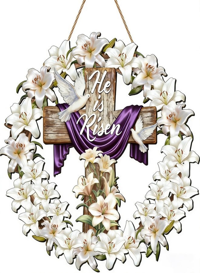 SNILOAW He is Risen Door Wreath with Cross Lily Wreath Easter Front Door Sign Religious Easter Wreaths Decor for Church Holy Week Christian Decorations - Image 1