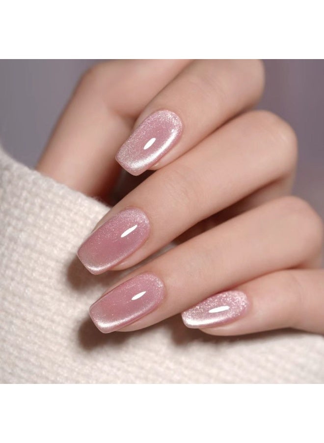 THEMIDI. Pink Cat Eye Press On Nails Short Square Shape Glossy Artificial Nails Set Full Cover Fake Nails Reusable Stick On Nails Soft Gel Acrylic Alternative Nail Kit Elegant Minimalist Nails For Women Daily Wear Office Wedding Eid Party Salon Style Long Lasting Damage Free Nails - Image 1