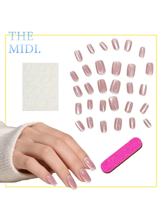 THEMIDI. Pink Cat Eye Press On Nails Short Square Shape Glossy Artificial Nails Set Full Cover Fake Nails Reusable Stick On Nails Soft Gel Acrylic Alternative Nail Kit Elegant Minimalist Nails For Women Daily Wear Office Wedding Eid Party Salon Style Long Lasting Damage Free Nails - Image 4