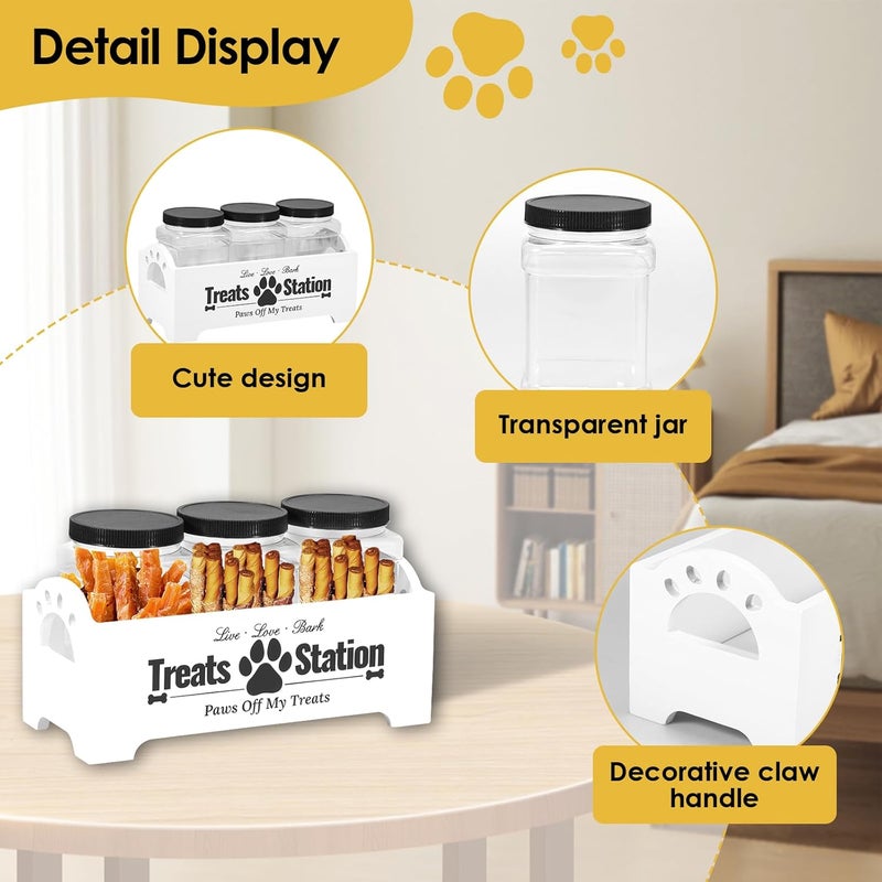 Dandelionsky Dog Treat Container with 3 Dog Treat Jars, Cute Wooden Farmhouse Style Pet Food Storage Organizer (White-3 Jar, Wooden Box: 29x13x13cm, Jar: 14.5x9.5cm) - Image 4