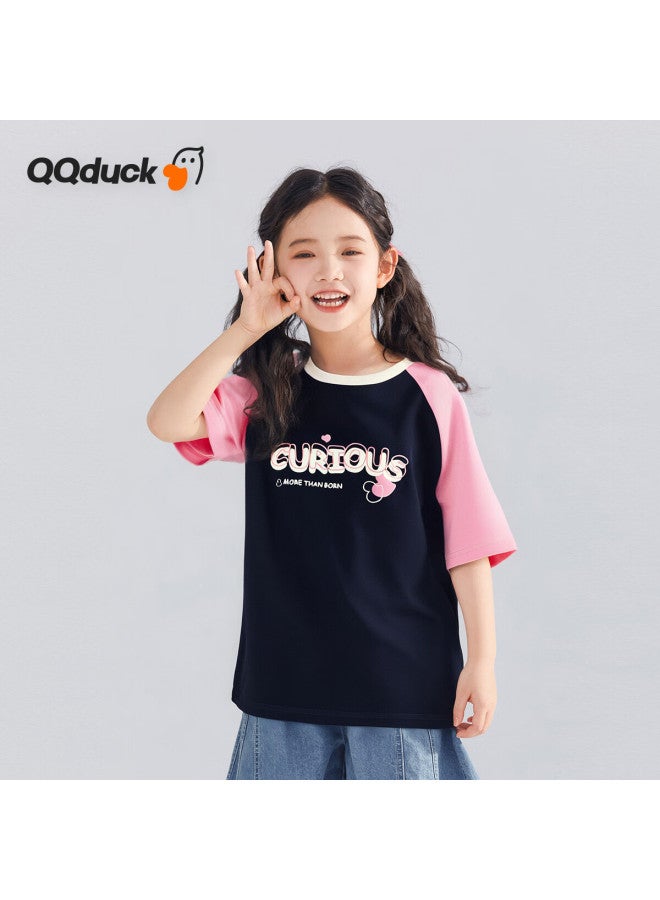QQ DUCK تي شيرت أطفال كيو كيو دك صيفي للفتيات بأكمام قصيرة قمة شعور رائع ملابس مراهقات بأكمام قصيرة أزرق غامق; 140 - Image 1