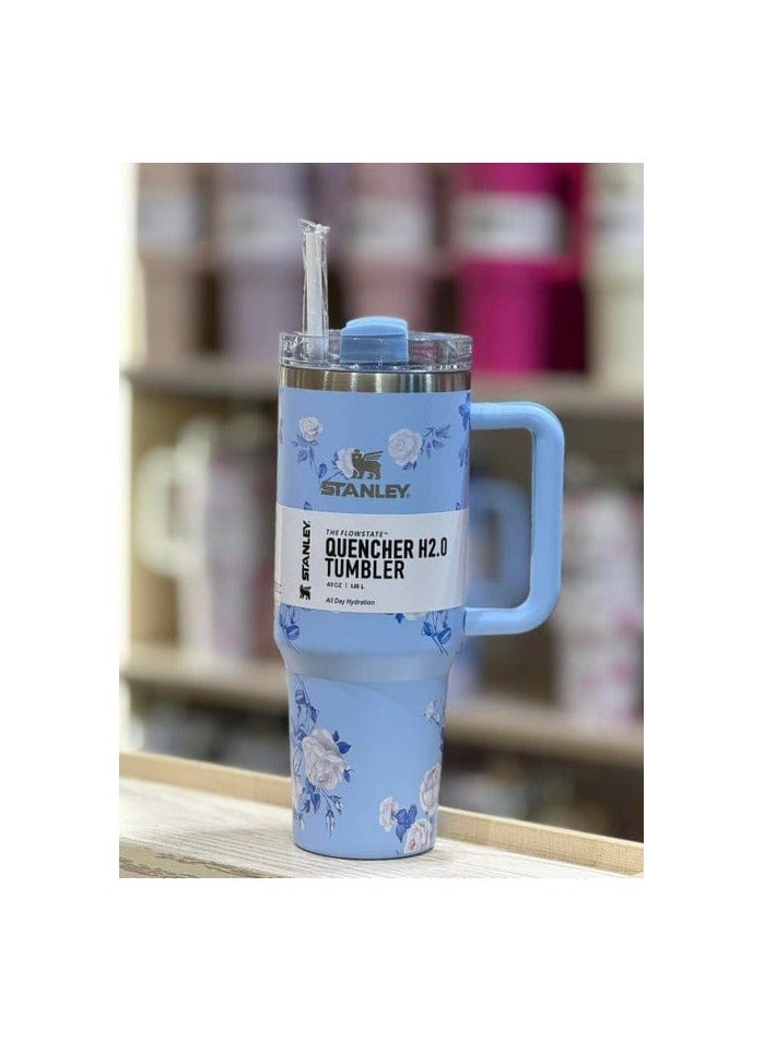 Stanley Stanley Love Shack Fancy H2.0 Flow State 40oz Floral Blue Tumbler, Stainless Steel Vacuum Insulated Quencher with Lid, Straw, and Stopper, Ideal for Water and Iced Tea, Keeps Drinks Cold, Presented in Elegant Gift-Ready Packaging - Image 2