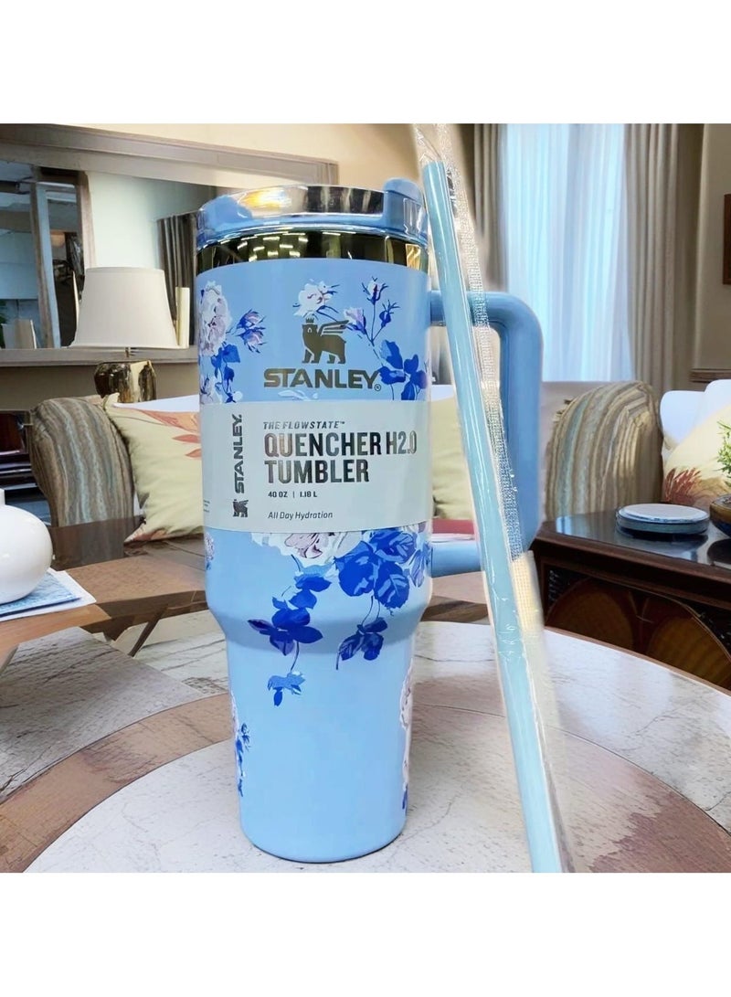 Stanley Stanley Love Shack Fancy H2.0 Flow State 40oz Floral Blue Tumbler, Stainless Steel Vacuum Insulated Quencher with Lid, Straw, and Stopper, Ideal for Water and Iced Tea, Keeps Drinks Cold, Presented in Elegant Gift-Ready Packaging - Image 3