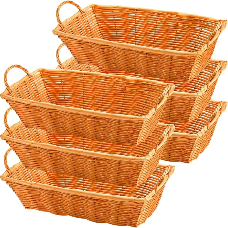 Yesland 6 Pcs Poly Wicker Bread Basket with Handle, 14 Inch Rectangular Imitation Rattan Fruit Storage Baskets - Stackable Empty Gift Basket for Vegetables, Food Serving, Display, Outdoor, Orange - Image 1