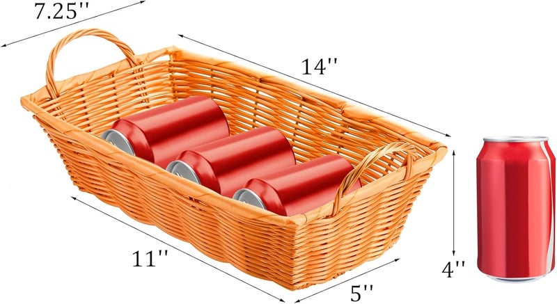 Yesland 6 Pcs Poly Wicker Bread Basket with Handle, 14 Inch Rectangular Imitation Rattan Fruit Storage Baskets - Stackable Empty Gift Basket for Vegetables, Food Serving, Display, Outdoor, Orange - Image 2