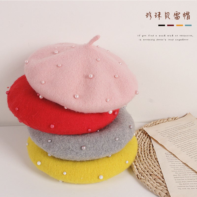 South Korea Same Style Pearl Children Beret Travel Cute Girl Baby Pearl Hat - Image 2