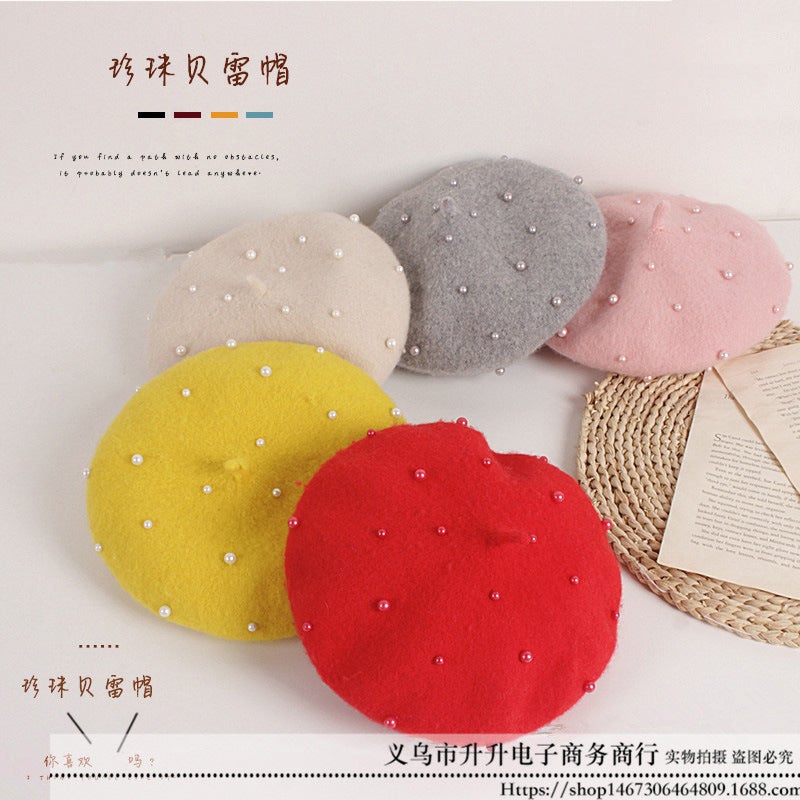 South Korea Same Style Pearl Children Beret Travel Cute Girl Baby Pearl Hat - Image 3