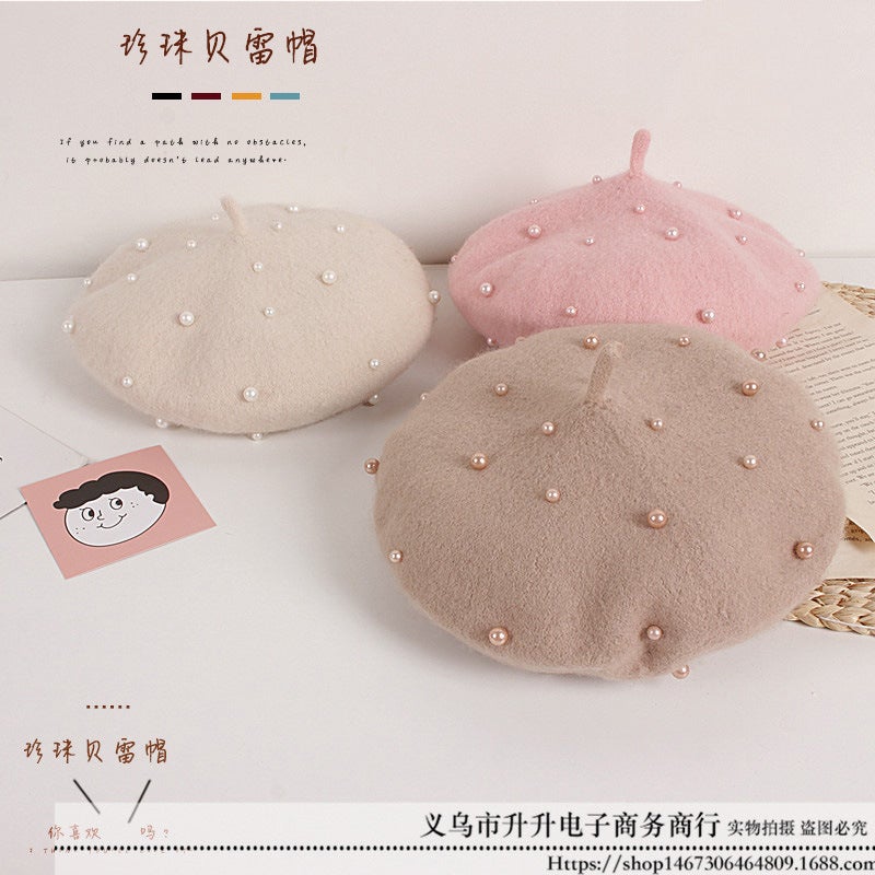 South Korea Same Style Pearl Children Beret Travel Cute Girl Baby Pearl Hat - Image 5