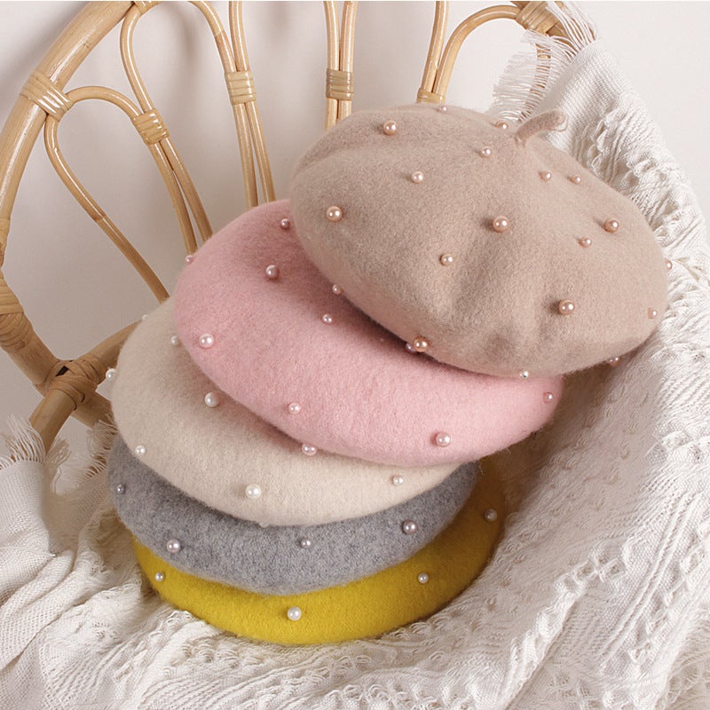 South Korea Same Style Pearl Children Beret Travel Cute Girl Baby Pearl Hat - Image 4