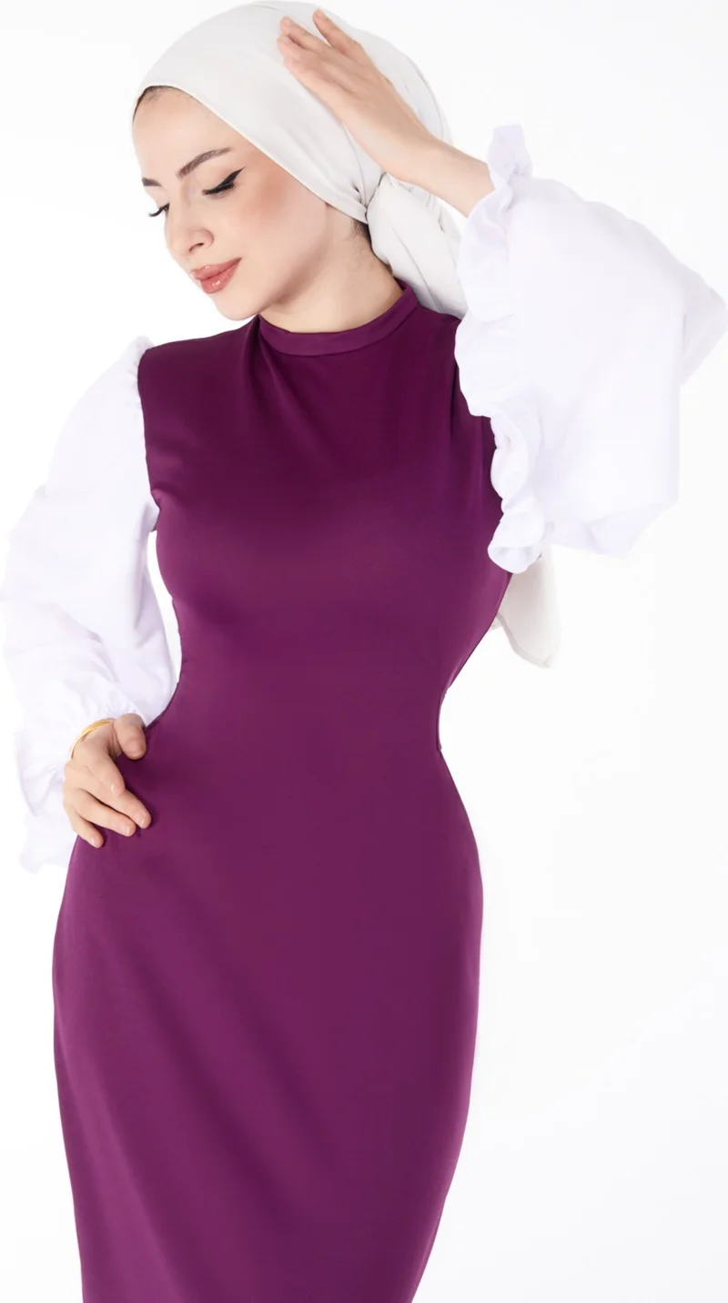 Tofisa Plain Judge Collar Women's Purple Spanish Sleeve Detail Dress - 13195
