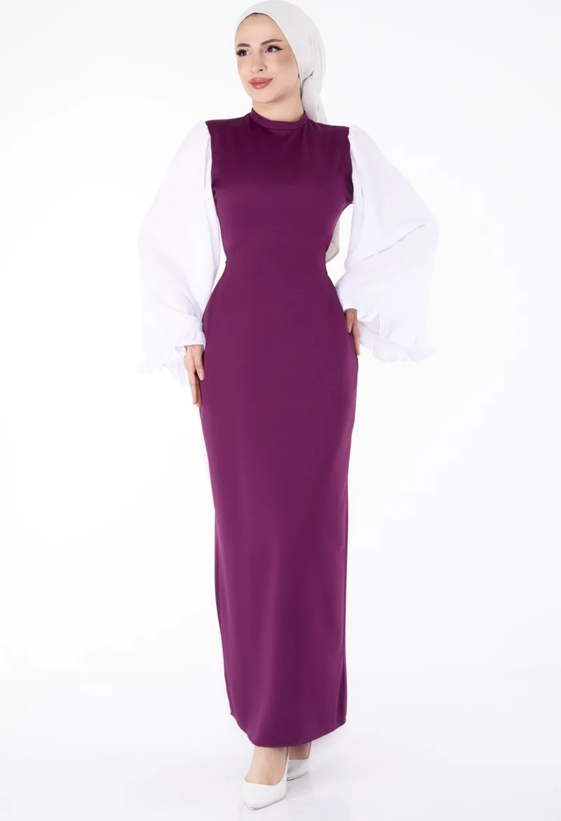 Tofisa Plain Judge Collar Women's Purple Spanish Sleeve Detail Dress - 13195