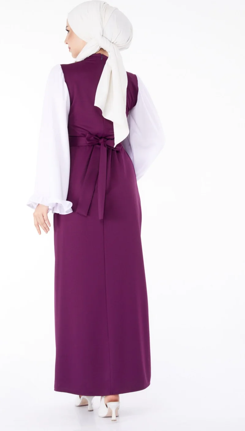 Tofisa Plain Judge Collar Women's Purple Spanish Sleeve Detail Dress - 13195