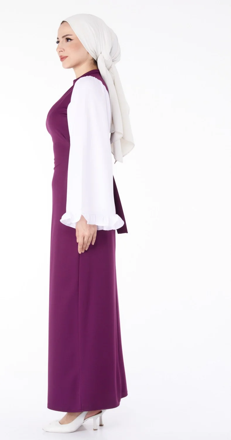 Tofisa Plain Judge Collar Women's Purple Spanish Sleeve Detail Dress - 13195