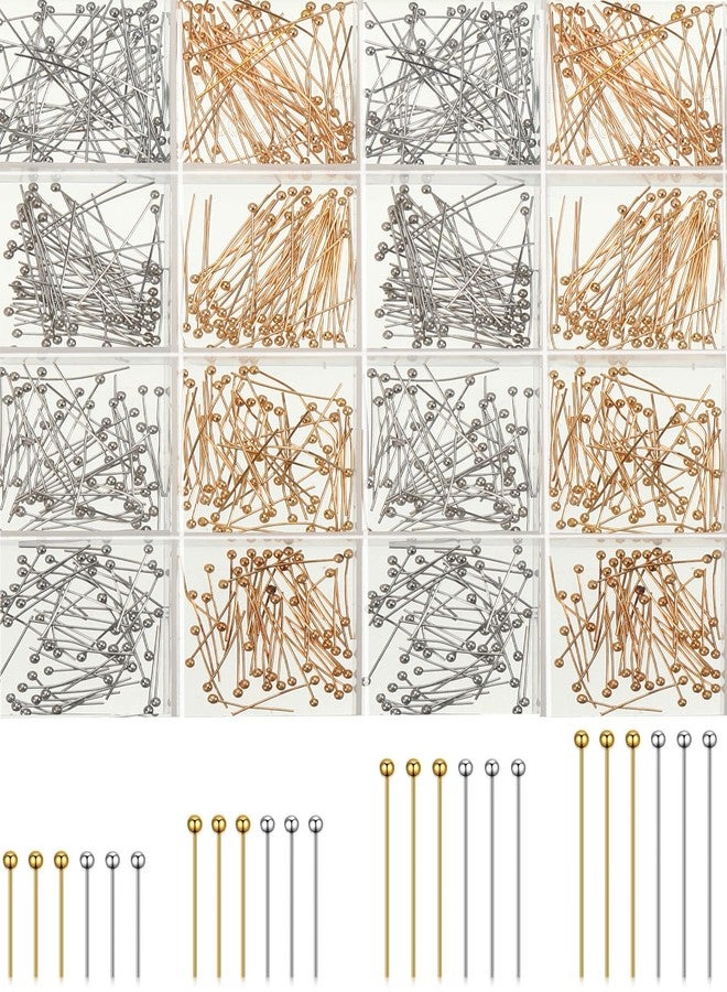 Mtlee 1000 Pieces Head Pins for Jewelry Making Silver Gold Jewelry Head Pins 16mm 20mm 25mm 30mm Ball Head Pins Needles Brass Long Craft Head Pins for Jewelry Making Bracelet Earring (Silver, Gold) - Image 1
