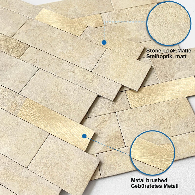 M MOFIT MOFIT Backsplash Tile for Kitchen Peel and Stick Stone Matte Finish,Bathroom Tiles Stickers 3D Wall Panel Linear Mosaic Marble Backsplash Waterproof(10sheets,Beige Gold) - Image 2