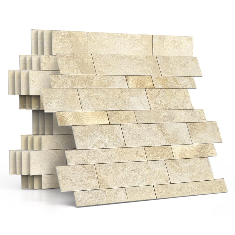 M MOFIT MOFIT Backsplash Tile for Kitchen Peel and Stick Stone Matte Finish,Bathroom Tiles Stickers 3D Wall Panel Linear Mosaic Marble Backsplash Waterproof(10sheets,Beige Gold) - Image 1