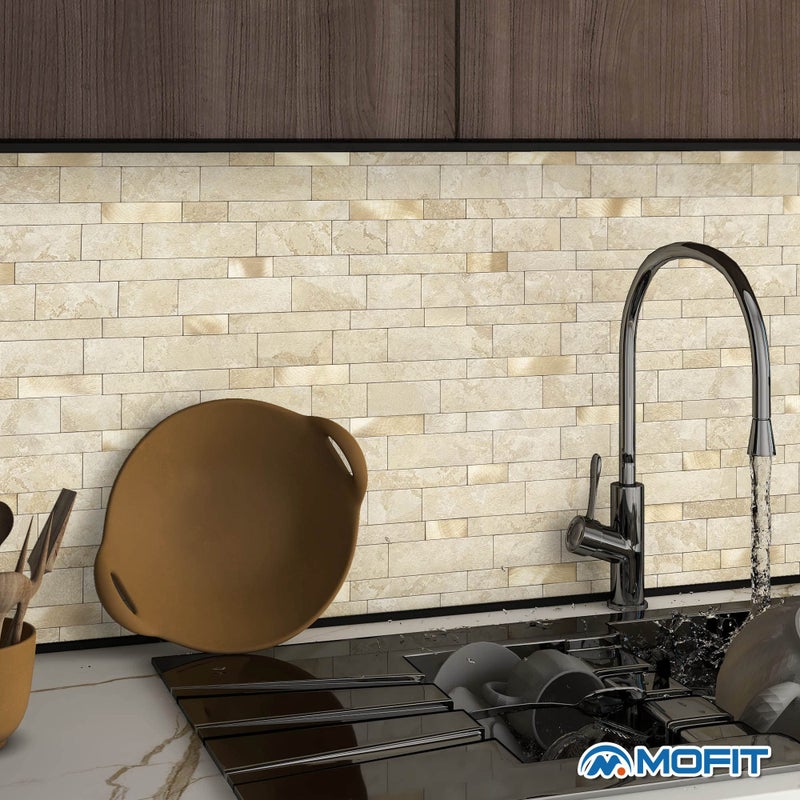 M MOFIT MOFIT Backsplash Tile for Kitchen Peel and Stick Stone Matte Finish,Bathroom Tiles Stickers 3D Wall Panel Linear Mosaic Marble Backsplash Waterproof(10sheets,Beige Gold) - Image 3