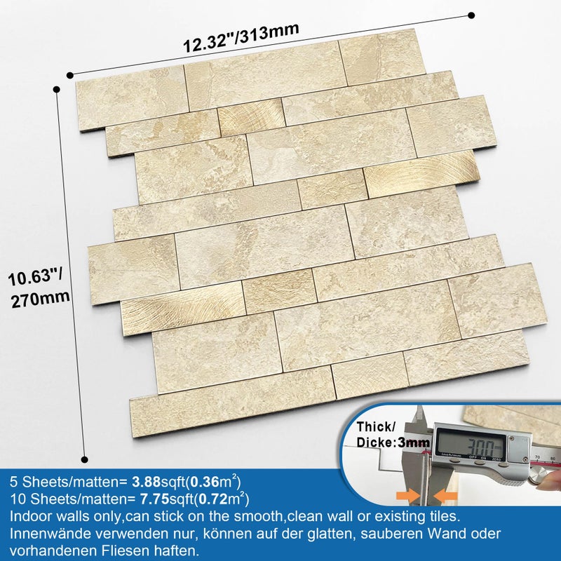 M MOFIT MOFIT Backsplash Tile for Kitchen Peel and Stick Stone Matte Finish,Bathroom Tiles Stickers 3D Wall Panel Linear Mosaic Marble Backsplash Waterproof(10sheets,Beige Gold) - Image 5
