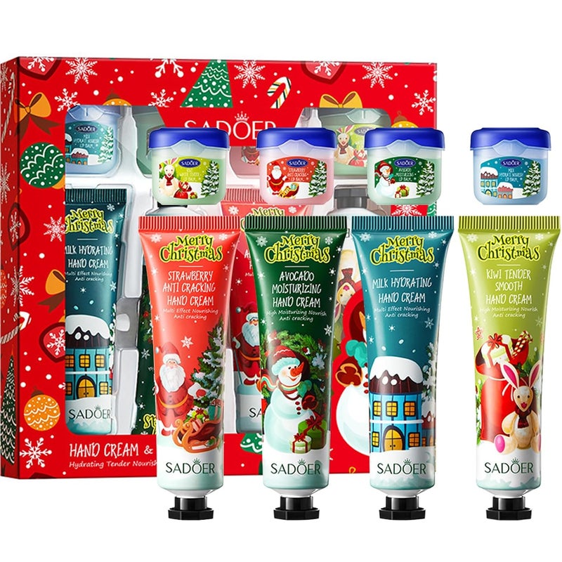 Charm Kiss 8Pcs Christmas Hand Cream Lip Balm Gift SetDeep Moisturizing Lip Mask Hand Lotion Cream Travel SetDeep Moisture Moisturize Lips Lubricate Hands for Women Mom Girls