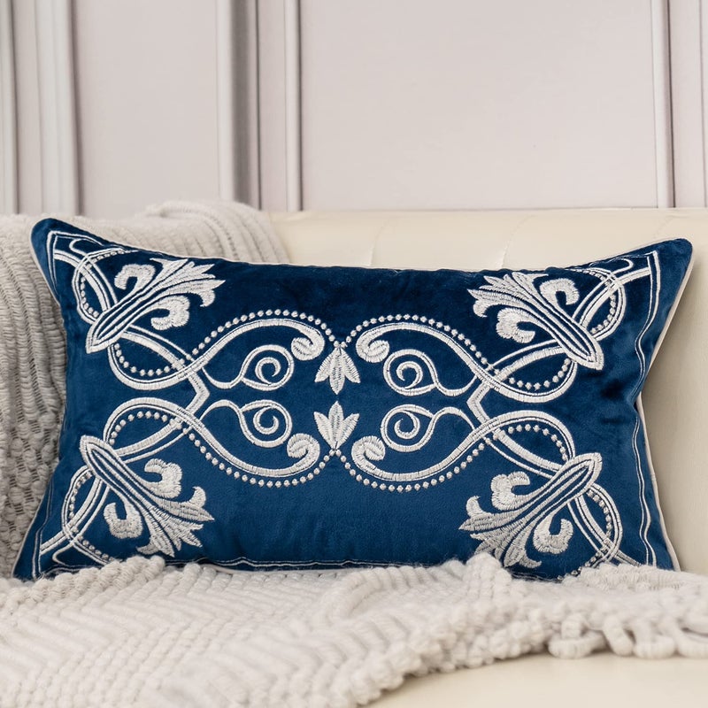 Aeckself European Floral Pillow Cover 12x20 Inch Luxury Velvet Embroidered Decorative Lumbar Throw Pillow Cover for Couch Bedroom Living Room Navy Blue and White