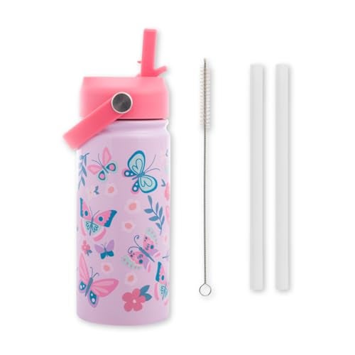 Stephen Joseph, 14oz Insulated Stainless Steel Water Bottle with Straw and Handle for Sports, Travel, and School, BPA-Free Sports Water Bottle, Butterfly - Image 1