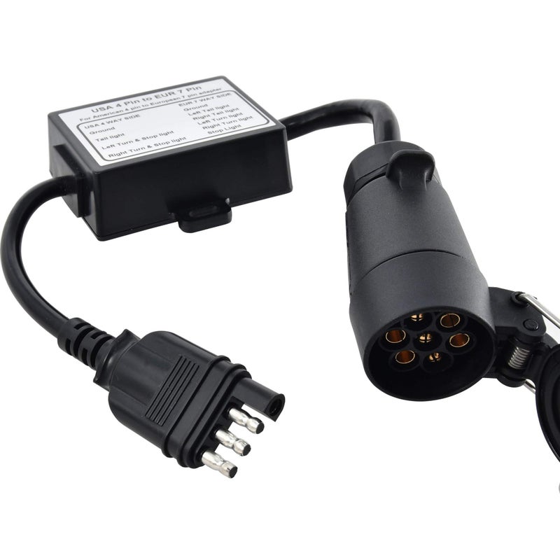 Oyviny US to EU Trailer Light Converter US 4 Way to EU 7 Way Trailer Light Adapter USA Vehicle 4Pin Flat Plug to European Trailer 7Pin Round Connector Plug and Play Waterproof Converter