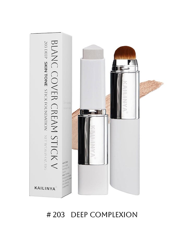 KAILINYA Blanc Cover Cream Stick V White - Korean Color-Changing Foundation Stick with Volufiline - Medium to Full Coverage Dewy Finish Base Makeup - Dual-Ended with Detachable Brush (203#DEEP) - Image 2