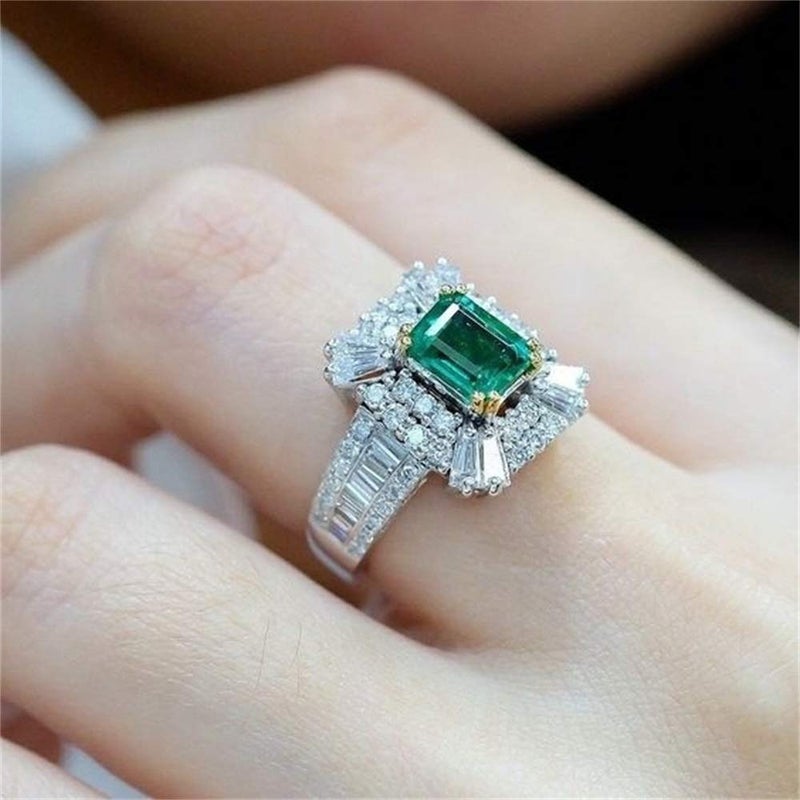 AZQ Vintage 925 Sterling Silver Emerald Ring Cocktail Rings Square Cut Green Gem Cubic Zirconia Anniversary Promise Ring CZ Eternity Engagement Wedding Band Ring for Women TZ85 US Code 9
