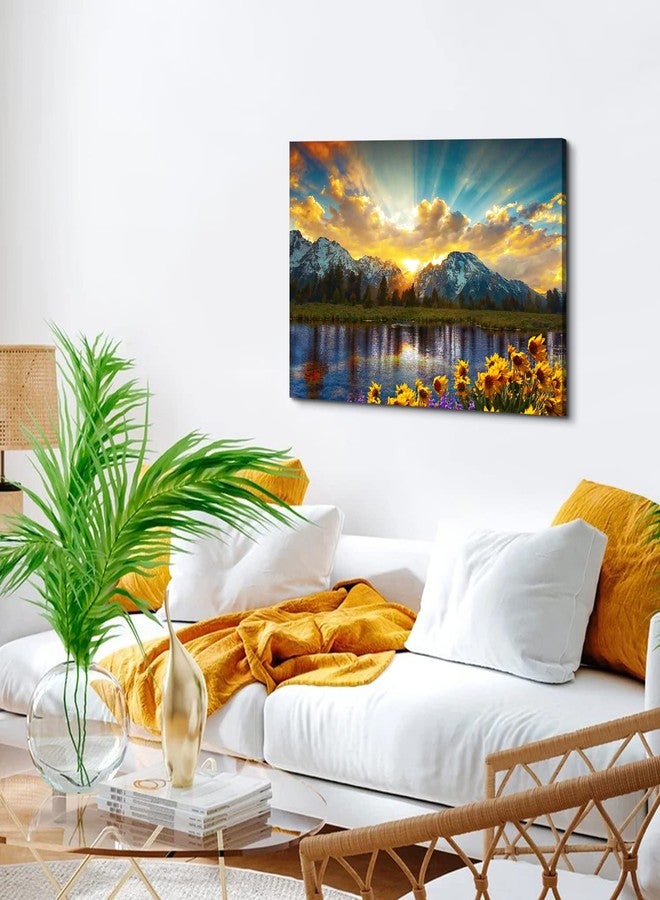 AREBOLO Sunset Grand Teton Mountain Wall Art for Living Room Office Decorations National Park Forest Picture Canvas Poster 24x36”, Sunflower Landscape Painting Sunrise Lake Natural Artwork Kitchen Home Decor - Image 4