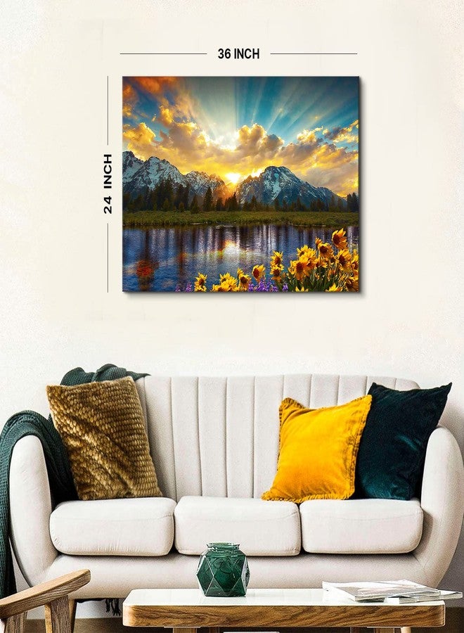 AREBOLO Sunset Grand Teton Mountain Wall Art for Living Room Office Decorations National Park Forest Picture Canvas Poster 24x36”, Sunflower Landscape Painting Sunrise Lake Natural Artwork Kitchen Home Decor - Image 3