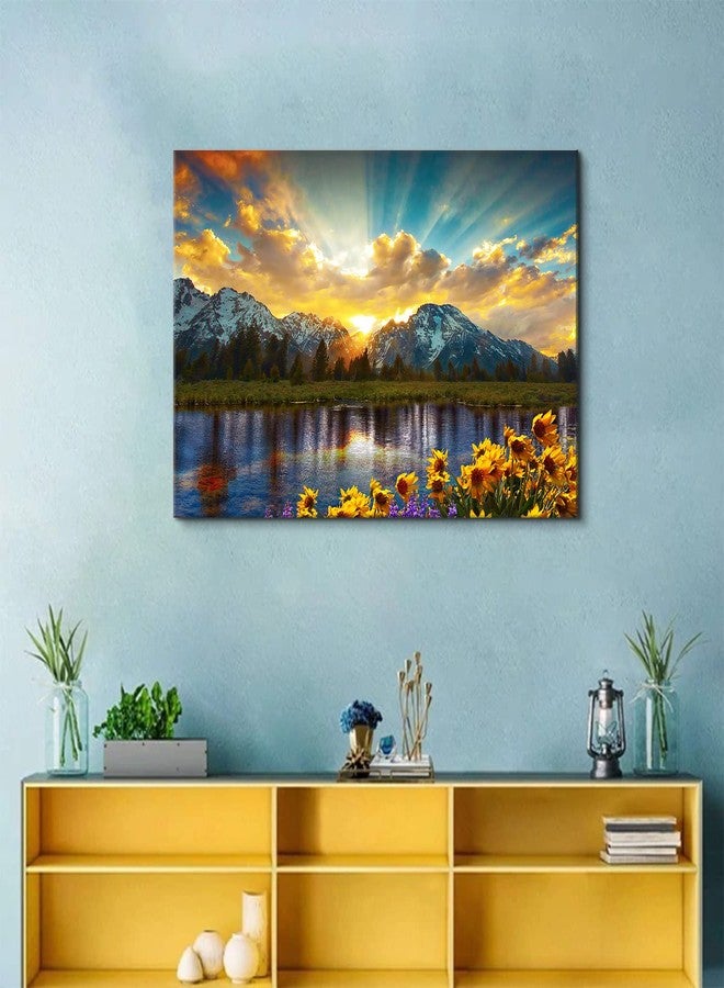 AREBOLO Sunset Grand Teton Mountain Wall Art for Living Room Office Decorations National Park Forest Picture Canvas Poster 24x36”, Sunflower Landscape Painting Sunrise Lake Natural Artwork Kitchen Home Decor - Image 2