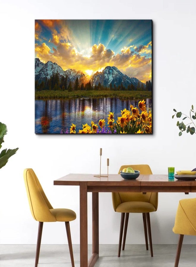 AREBOLO Sunset Grand Teton Mountain Wall Art for Living Room Office Decorations National Park Forest Picture Canvas Poster 24x36”, Sunflower Landscape Painting Sunrise Lake Natural Artwork Kitchen Home Decor - Image 5