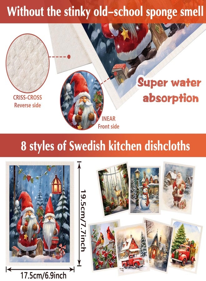 LiYiQ 8 Pieces Christmas Swedish Kitchen Cleaning Dishcloths Retro Christmas Reusable Fast Dry Dish Towels Swedish Xmas Absorbent Dish Cloths with Santa Snowman Christmas Tree Deer and Cardinal for Kitchen - Image 2