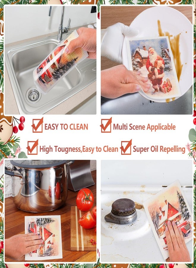 LiYiQ 8 Pieces Christmas Swedish Kitchen Cleaning Dishcloths Retro Christmas Reusable Fast Dry Dish Towels Swedish Xmas Absorbent Dish Cloths with Santa Snowman Christmas Tree Deer and Cardinal for Kitchen - Image 3