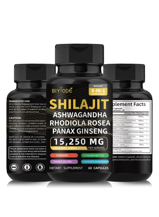BIYODE Shilajit Capsules 8-in-1 Natural Supplement | 2 Capsules Daily 15,250mg Himalayan Original | Boost Energy, Stamina & Immunity | 60 Capsules | BIYODE - Image 1