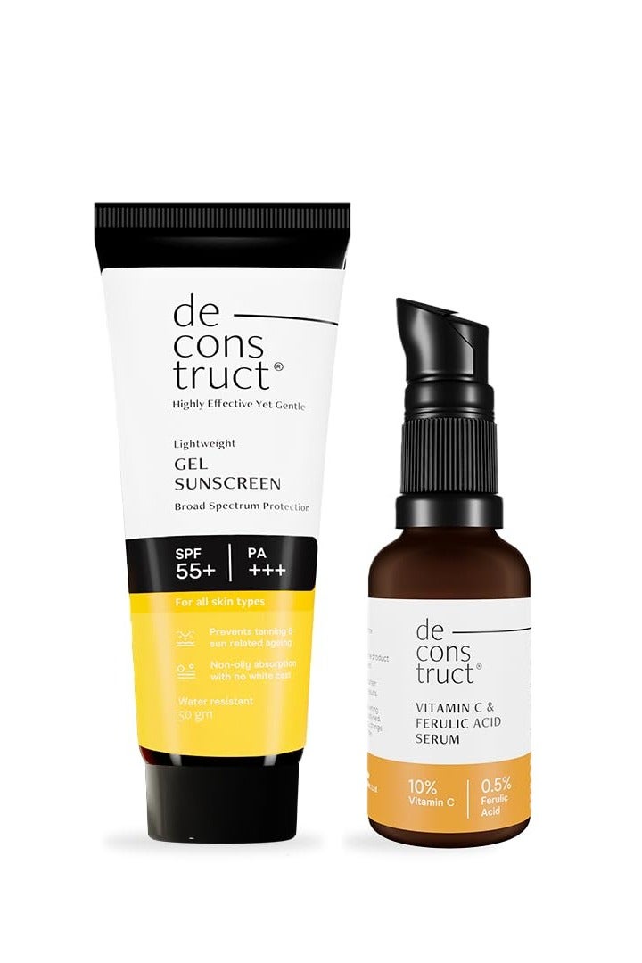 Deconstruct Sun Protect Duo | 10% Vitamin C Face Serum (30 ml) + Gel Sunscreen (50 g) | Get Glowing Skin with Sun Protection | No White Cast, Non Irritating & Lightweight | Pack of 2 - Image 1