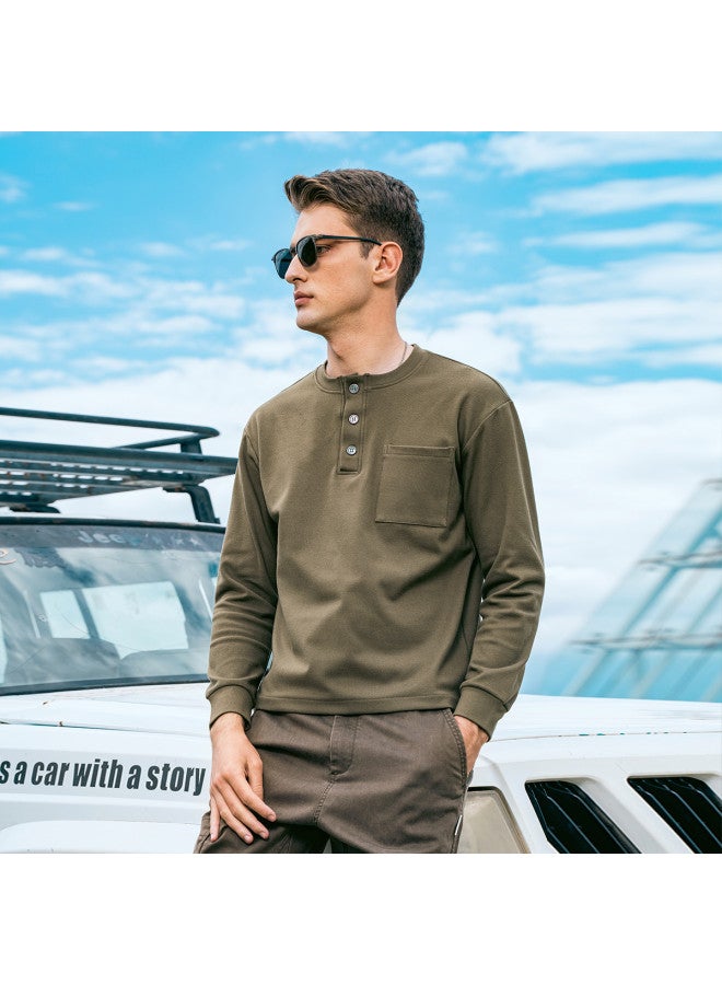 G Heavyweight Henley Neck Long Sleeve T-shirt For Men - 2025 Spring Collection With Pocket Detail And False Two-piece Design - Image 3