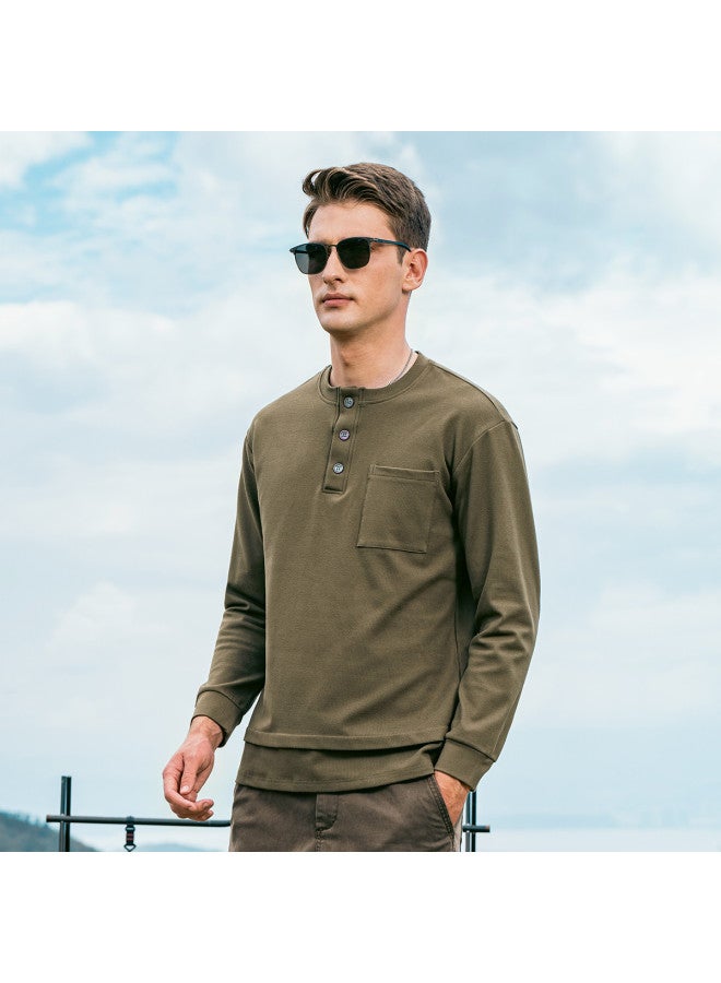 G Heavyweight Henley Neck Long Sleeve T-shirt For Men - 2025 Spring Collection With Pocket Detail And False Two-piece Design - Image 5