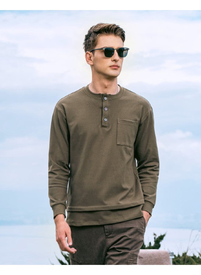 G Heavyweight Henley Neck Long Sleeve T-shirt For Men - 2025 Spring Collection With Pocket Detail And False Two-piece Design - Image 1