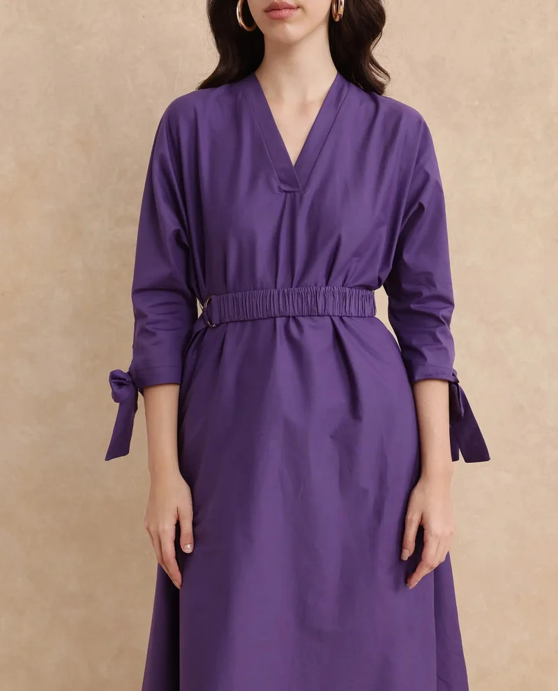 Rareism Rareism Women's Buyn Purple  V-Neck  Tie Up Sleeve Plain Flared Midi Dress