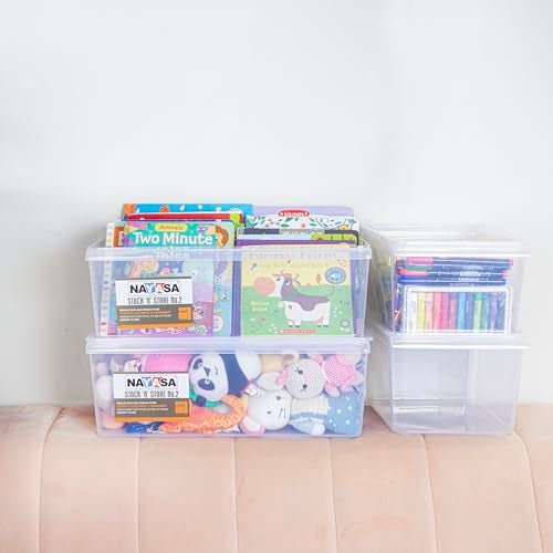 Nayasa Stack N Store Set of 4 | 5 Ltrs & 12 Ltrs |Small + Big | Plastic Storage Boxes with Lid | Side Handle | Stackable Boxes | Multipurpose Storage | Strong and Durable Quality | Clear - Image 1