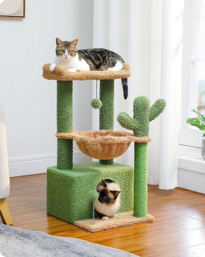 LOYAL RAIN 4-in-1 84 cm Cactus Cat Tree, 33''Cat Tower for Indoor Cats with Large Cat Condo, Cat Scratching Post for Cats with Deep Hammock& Cozy Top Perch, Green - Image 2